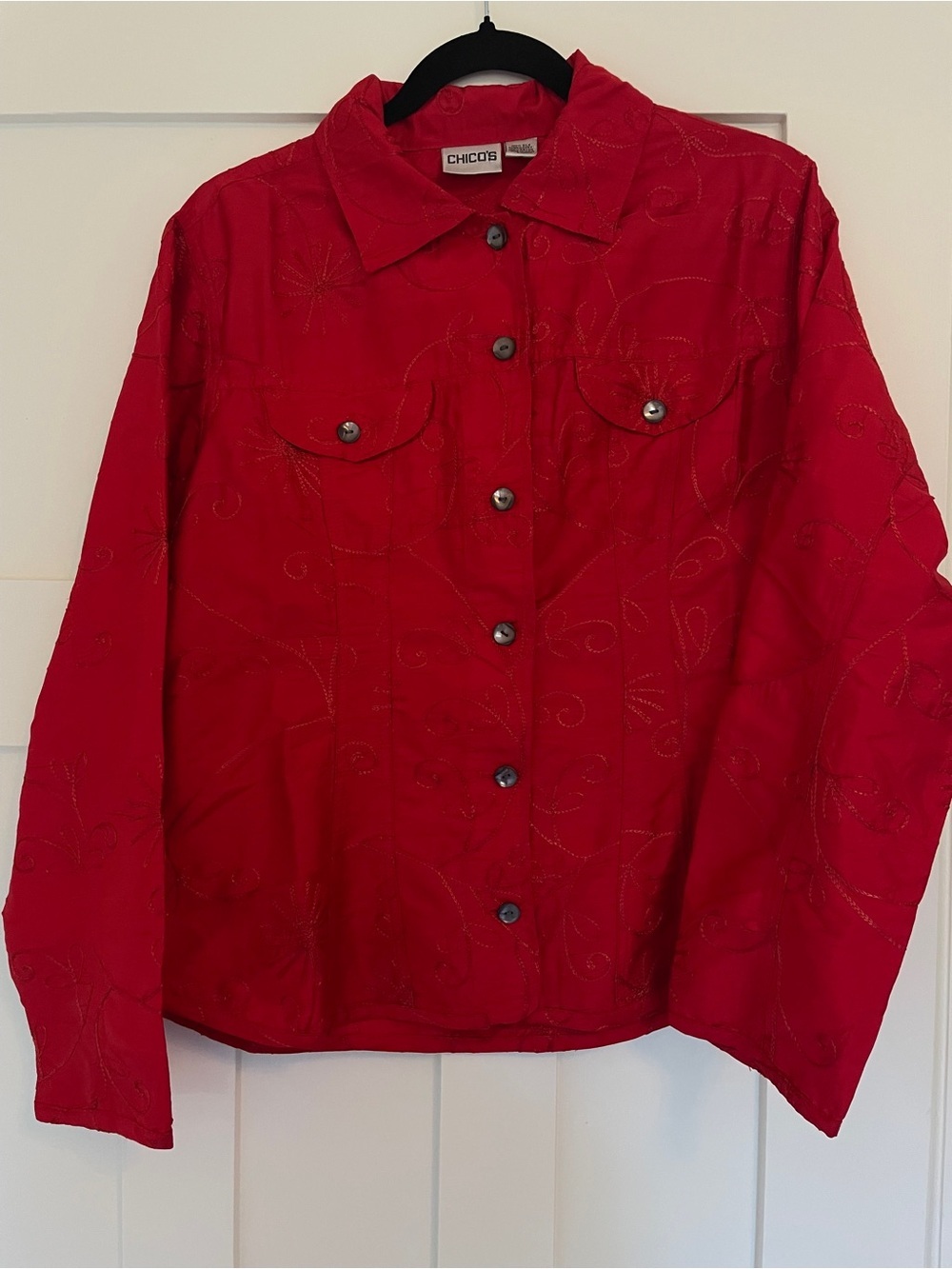 Chico’s Raw Silk Floral Embroidery Button Front Long Sleeve Blouse Vintage Artsy